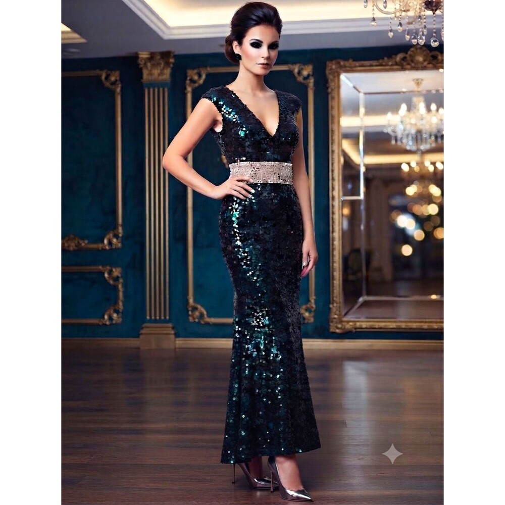 AOLUOLI Black Sequin V-Neck Sleeveless Long Gown Rhinestone Waist